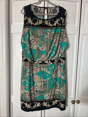 Sandra Darren Teal, Black and Cream Baroque Print Sleeveless Dress